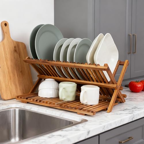 Utoplike Large Teak Dish Drying Rack, Wood Collapsible Organizer for Plates - size: 3 Tier-Large