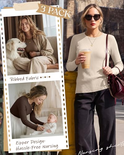 3 Pack Womens Long Sleeve Nursing Shirts, Ribbed Knit - color: Apricot, Camel, Brown, size: Small