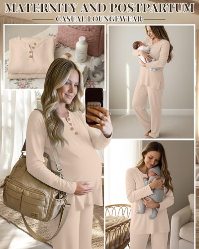 2 Piece Thermal Maternity Lounge Set - color: Apricot, size: Small