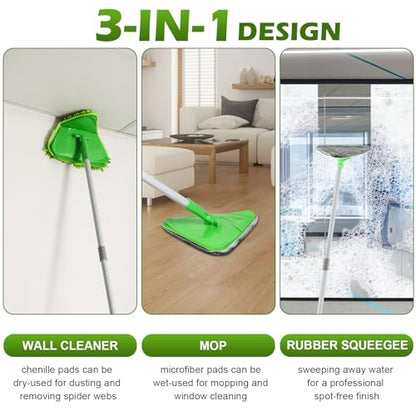 RONSUNG Wall Cleaner Mop, 82-Inch Handle, Baseboard Cleaner Tool, 6 Pads - color: Green, size: 6 Pads