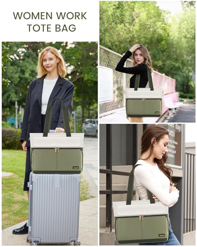LOVEVOOK Laptop Bag for Women 15.6 Inch Canvas Laptop Large Capacity Work Bags Mutiple Pockets Teacher Bag Water Resistant Computer Bags for Business Travel Nurse, Green Beige - color: Green&beige, size: 15.6 Inch