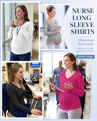Neer 4 Pack Maternity Long Sleeve V Neck Under Scrub Tops - color: Black, White, Light Heather Gray, Rose Red, size: Medium