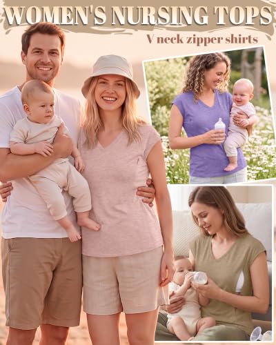 3 Pack Womens Nursing Tops V Neck - color: Purple, Light Pink, Khaki, size: Small