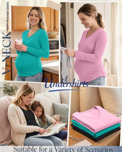 3 Pack Women Maternity Shirts Scrub Tops Side Ruched - color: Black, Lake Green, Light Pink, size: Medium