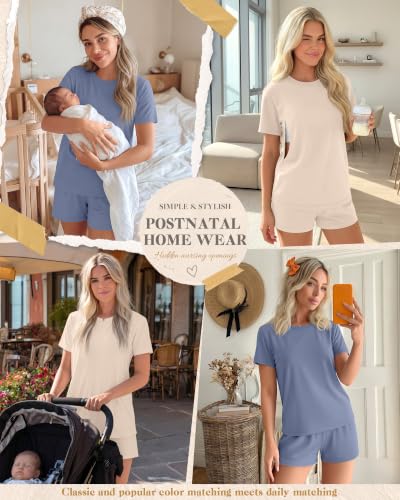 Riyiper 2 Packs Women's Nursing Pajamas Set - color: Beige White, Gray Blue, size: Medium