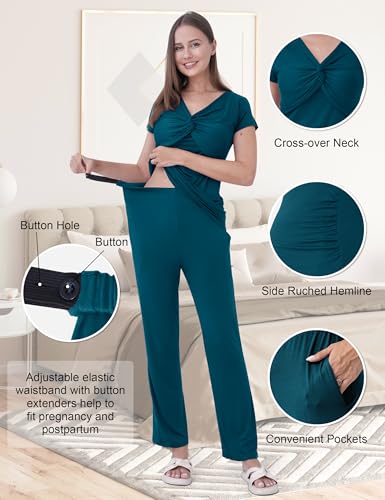 3-Piece Maternity Nursing Pajamas Set for Pregnancy & Postpartum - color: Deep Blue, size: Large