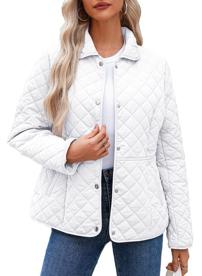 Dokotoo Women's Winter Quilted Jackets Long Sleeve Button Down Diamond Puffer Jacket Outerwear Coats with Pockets - color: White, size: X-Large