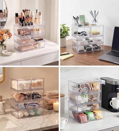 6-Pack Stackable Storage Drawers with Labels - Clear PET Pull-Out Organizer Bins for Pantry, Bathroom, Vanity, Cabinet, Countertop | Baby Bottle Organizer