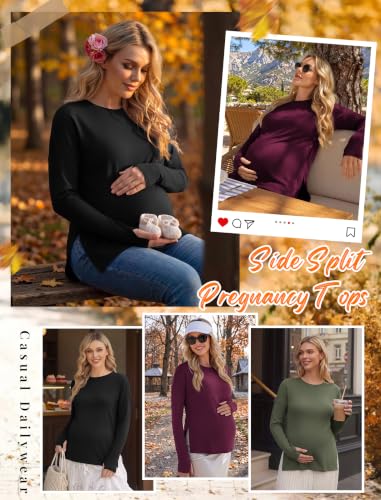 3 Pack Women Maternity Shirts Long Sleeve Pregnancy Tops with Thumb Hole - color: Black/Dark Red/Army Green, size: Medium