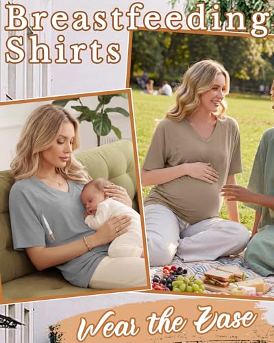 4 Pack Women's Nursing Short Sleeve Shirts - color: Khaki, Light Brown, Light Gray, Black, size: Small