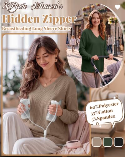 3 Pack Women's Waffle Knit Long Sleeve Nursing Tops - color: Coffee, Army Green, Black, size: Small