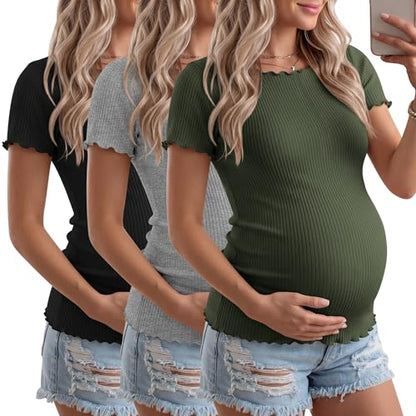 3 Pack Women's Maternity Ribbed Shirts - color: Black, Army Green, Light Heather Gray, size: Small