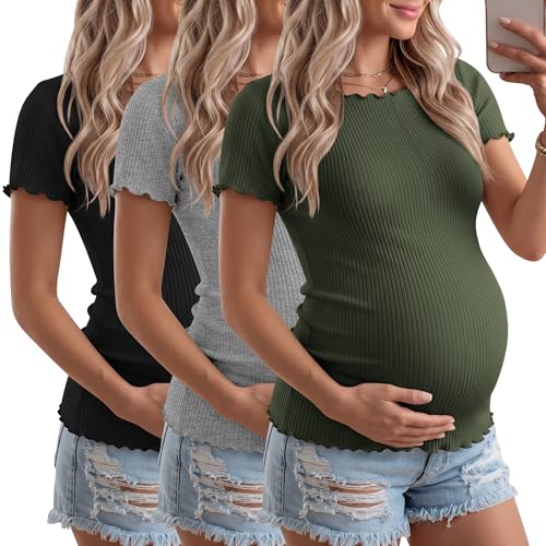 3 Pack Women's Maternity Ribbed Shirts - color: Black, Army Green, Light Heather Gray, size: Large