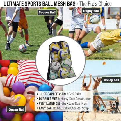 Heavy Duty Mesh Ball Bag, Drawstring Sport Equipment Storage Bag - color: Black-XL