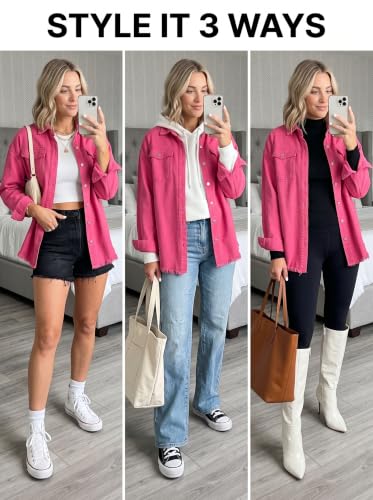 Dokotoo Womens Button Down Oversized Distressed Boyfriend Jean Jacket - color: A Hot Pink, size: Medium