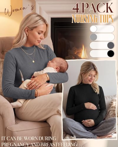 Huukeay 4 Pack Women's Long Sleeve Waffle Nursing Shirts - color: White, Light Gray, Dark Gray, Black, size: Large