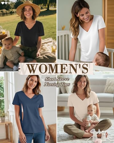 4 Pack Women's Nursing Maternity Shirts - color: Black, White, Apricot, Haze Blue, size: Medium