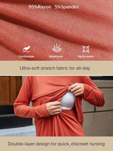 Ecavus Women's 3Pack Maternity Nursing Shirts Long Sleeve Double Layer Breastfeeding Shirts Comfy Pregnancy Clothes - color: Pink+caramel+black, size: Medium
