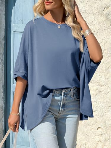 Tankaneo Womens Oversized Tshirts Batwing Short Sleeve Asymmetric Hem Tops - color: Blue Grey, size: Small