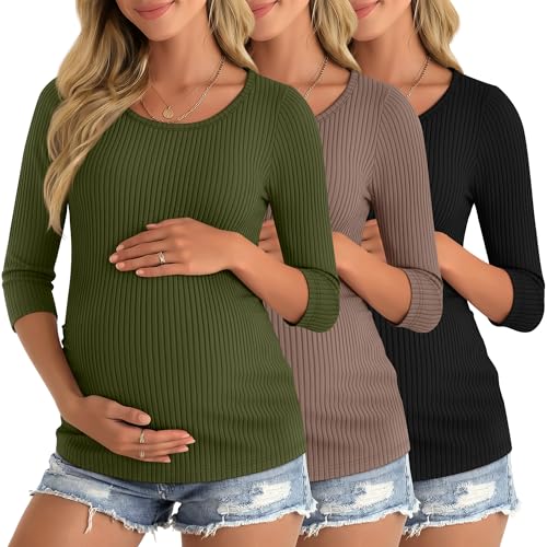 Neer 3 Pack Women's 3/4 Sleeve Crew Neck Maternity Tops - color: Army Green, Coffee, Black, size: Medium