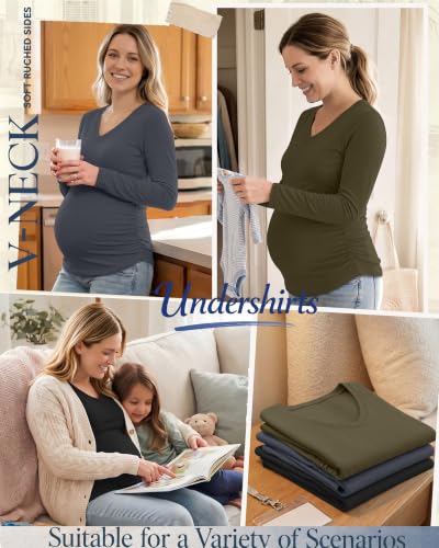 3 Pack Women Maternity Shirts Scrub Tops Side Ruched - color: Black, Dark Gray, Army Green, size: Medium