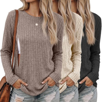 3 Pack Maternity Nursing Ribbed Long Sleeve Tops - color: Black, Apricot, Coffee, size: Small