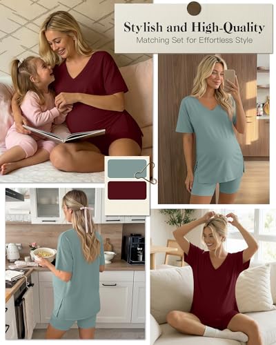 2 Pack Women Maternity Set Pregnancy Outfit - color: Pea Green, Wine Red, size: Medium