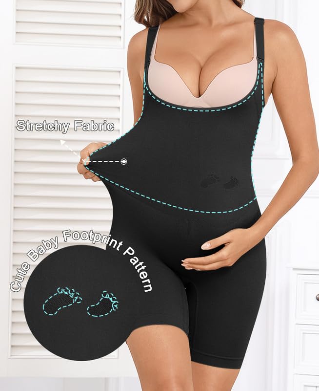 Women's Maternity Bodysuit Seamless Pregnancy Shapewear Shorts Under Dresses Belly Support Black Small