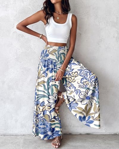 CHICME Womens Boho High Waisted Wide Leg Palazzo Pants Beach Vacation Wear - color: Blue White, size: X-Large