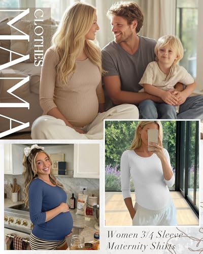 Neer 3 Pack Women's 3/4 Sleeve Crew Neck Maternity Tops - color: Haze Blue, White, Khaki, size: Large