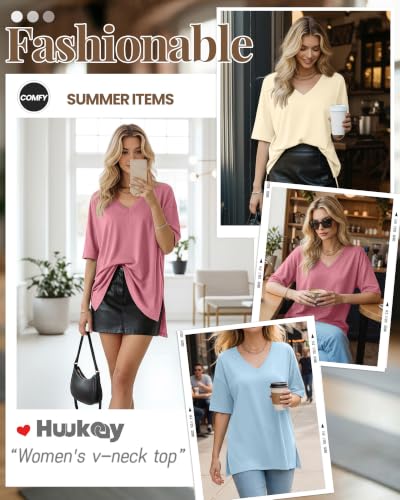 Huukeay 3 Pack Oversized Shirts for Women V Neck - color: Bean Paste Pink, Apricot, Light Blue, size: Small
