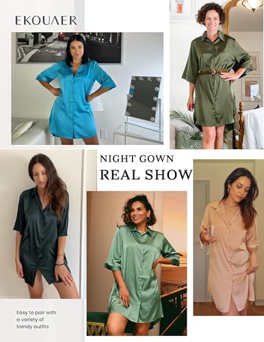 Ekouaer Womens Satin Button Down Nightshirt 3/4 Sleeve Boyfriend Nightgown - color: Black, size: Small