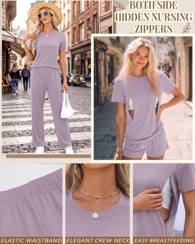 3 Piece Postpartum Nursing Pajamas Set Nursing Lounge Set - color: Light Purple, size: Small