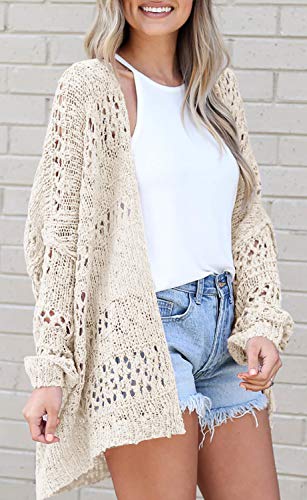 Ermonn Womens Crochet Cardigan Sweater Kimonos Boho Solid Color Oversized Spring Open Front Outwear - color: Beige, size: Small