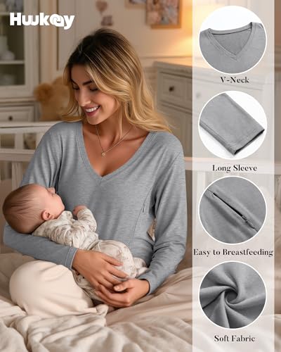 Huukeay 3 Pack Maternity Nursing Tops Breastfeeding Shirts - color: Black, Gray, White, size: Medium
