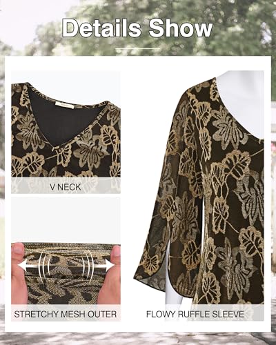 Bebonnie Womens Ruffle 3/4 Sleeve V Neck Double Layers Mesh Blouses Loose Fit Flowy Tunic Tops - color: Black Gold, size: Medium