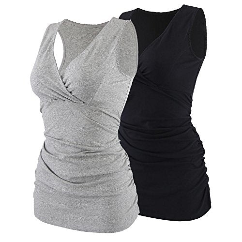 Women's Cotton V Neck Tank Top for Maternity and Nursing - color: Grey+ Black, size: Medium