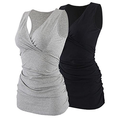 Women's Cotton V Neck Tank Top for Maternity and Nursing - color: Grey+ Black, size: Large