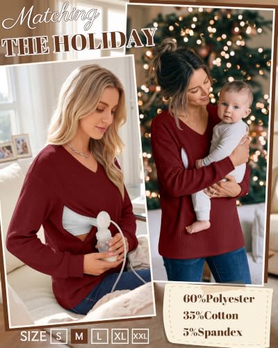 Women’s Waffle Knit Nursing Shirts Regular Fit - color: Wine Red, size: Large