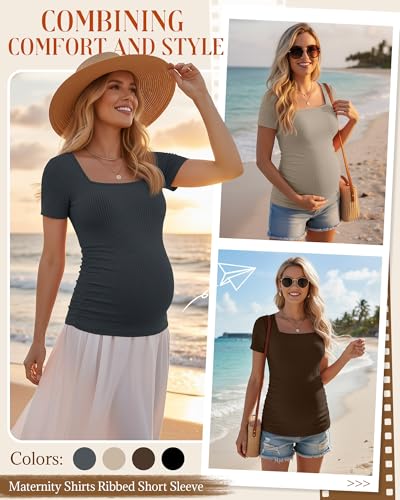 Huukeay 4 Pack Women's Short Sleeve Maternity Shirts - color: Black, Brown, Light Khaki, Dark Gray, size: Medium