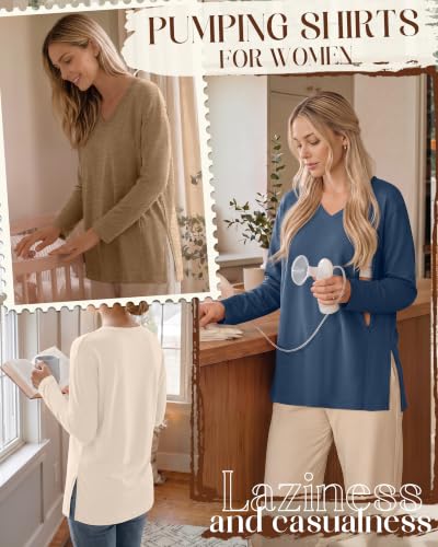 Riyiper 3 Pack Women's Nursing Shirts for Breastfeeding - color: Haze Blue, Camel, Cream, size: Medium