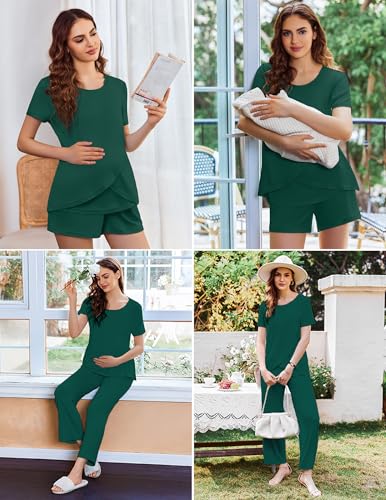 Ekouaer 3 PCS Maternity Nursing Pajamas Set Postpartum Breastfeeding PJS - color: Dark Green, size: Medium