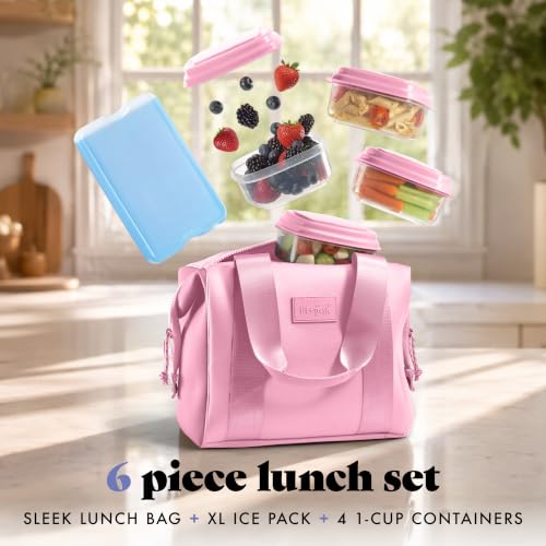 Fit & Fresh Remi Neoprene Lunch Bag for Women w/Ice Pack & Containers - color: Pink, size: One Size