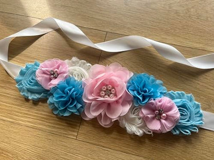 Maternity Flower Belt for baby shower Mommy Sash Pregnancy Belt - color: Pink Blue