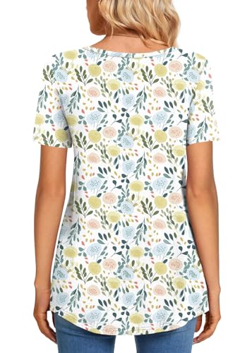 CATHY Womens Short Sleeve Tunic Tops Henley Shirt V Neck Button Up Blouse Casual Pleated Basic Pullover - color: Macaron Fl Grass, size: 3X-Large