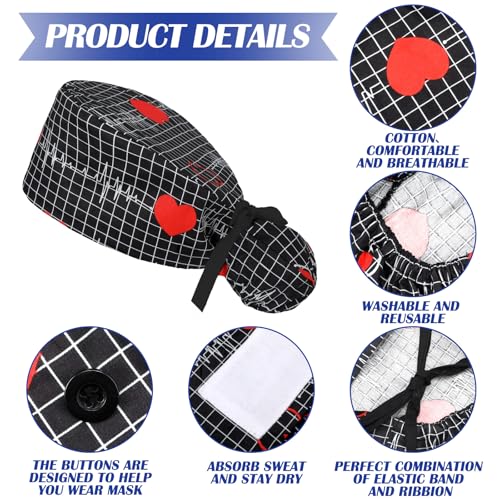Honoson 6 Pcs Scrub Caps Women with Buttons - color: Heart Color, style: Classic