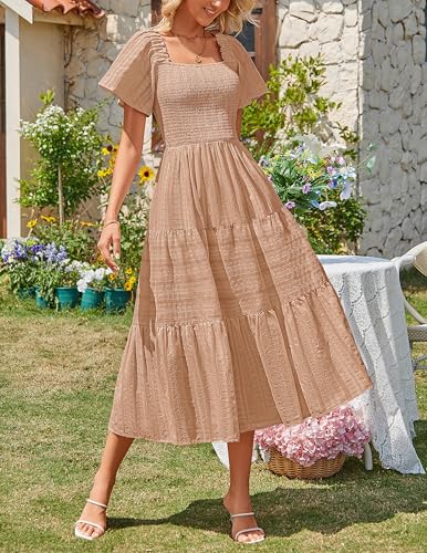 MEROKEETY Womens Summer Midi Dress Short Sleeve Square Neck Boho Long Dress - color: Khaki, size: Small