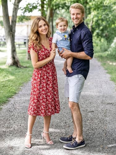 FENSACE Tulip Sleeve V Neck Button Down Dress with Pockets - color: Red White Floral-3, size: Medium