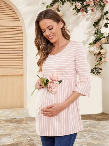 Ecavus Women's Maternity Shirt Striped Peplum 3/4 Sleeve Maternity Top - color: 02-pink White Stripe, size: X-Large