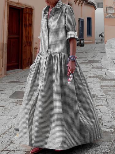 chouyatou Women's Retro Plaid Button Down Maxi Shirt Dress Long Sleeve Button Up Gingham Swing Long Dress - color: Black, size: Medium